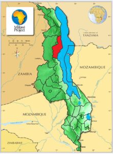 A map of Malawi highlighting the area where Chilemga Village is located