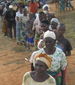 People in line waiting for food